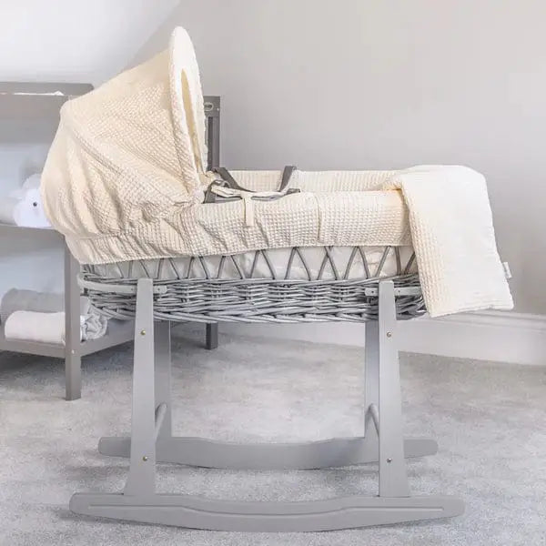Baby Grey Wicker Moses Basket in Cream Waffle By Clair De Lune Clair De Lune