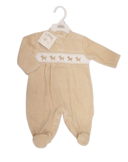 Baby Velour Beige Sleepsuit with Smocked Puppies Little Chick