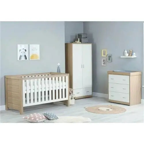 Babymore Luno 3 Piece Nursery Room Set With Under Bed Drawer- Oak White Babymore
