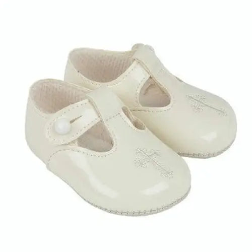 Christening Shoes Patent Ivory Embroidered Cross General Baypods