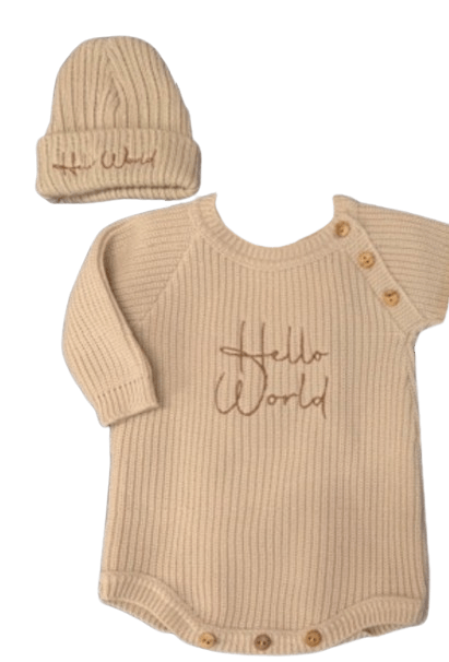 Hello World Short Knitted Romper & Hat Set - Beige General Dandelion Baby Wear