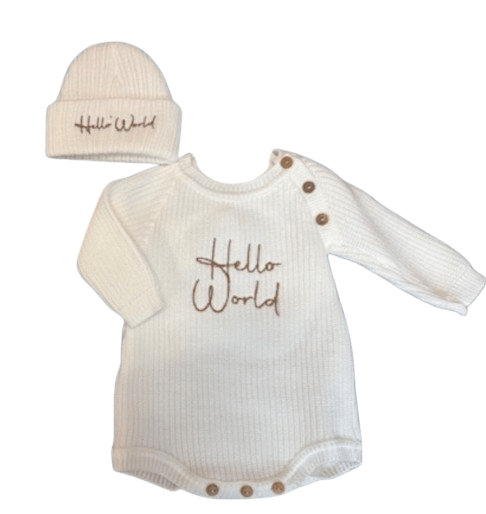 Hello World Short Knitted Romper & Hat Set - White General Baby Boutique UK