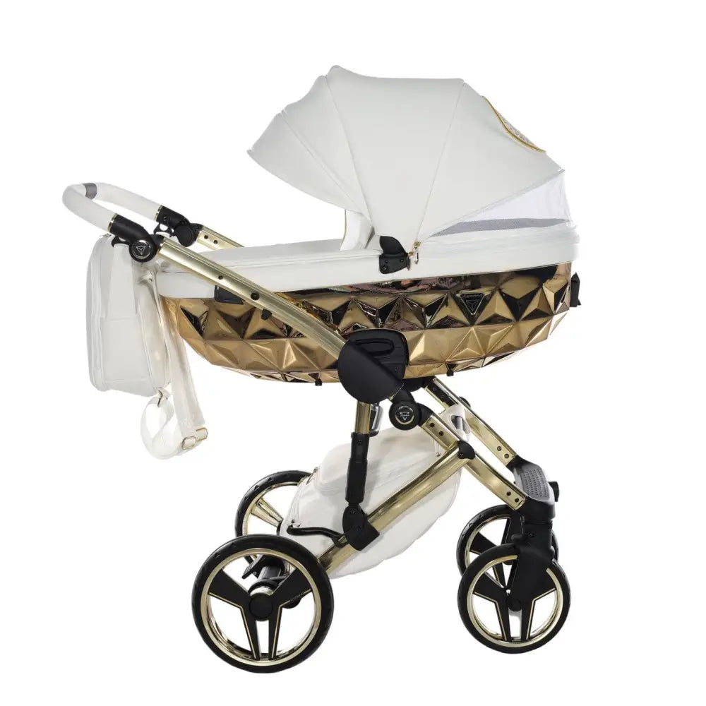Junama Handcraft Diamond Pram – 2 in 1 Luxury White & Gold Travel System Junama