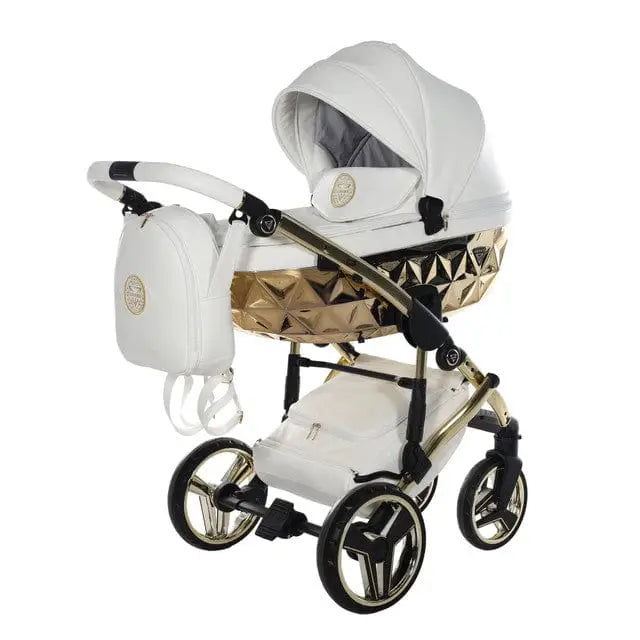 Junama Handcraft Diamond Pram – 2 in 1 Luxury White & Gold Travel System Junama