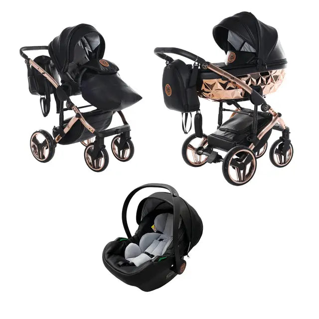 Junama Handcraft Diamond Pram – 3 in 1 Luxury Black & Rose Gold Travel System Junama