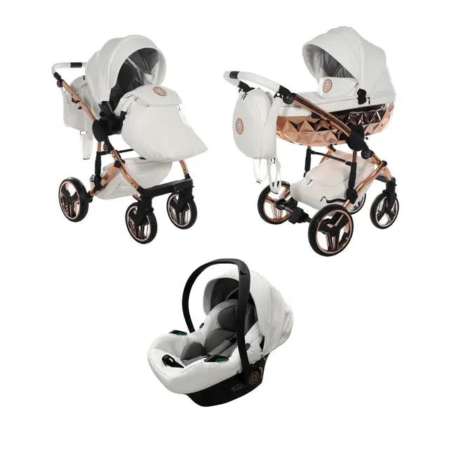 Junama Handcraft Diamond Pram – 3 in 1 Luxury White & Rose Gold Travel System Junama