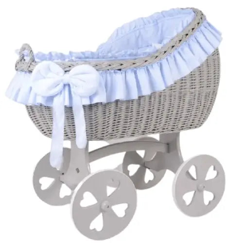 MJ Marks Bianca Grey and Blue Wicker Crib with Bedding - Heart Wheels Mj Marks