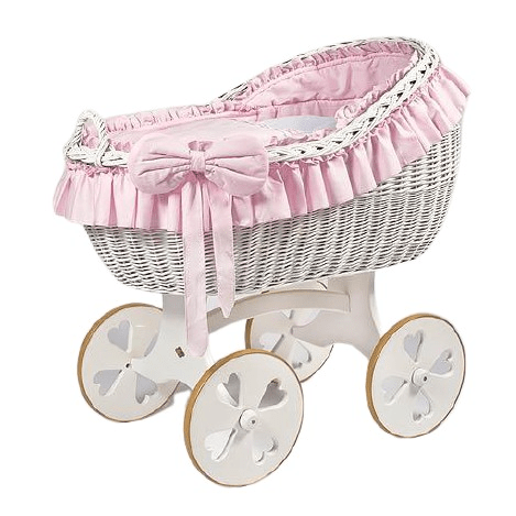 MJ Marks Bianca Pink and White Wicker Crib with Bedding - Heart Wheels Mj Marks
