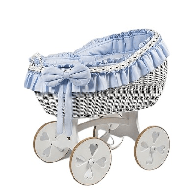 MJ Marks Bianca White and Blue Wicker Crib with Bedding - Heart Wheels Mj Marks