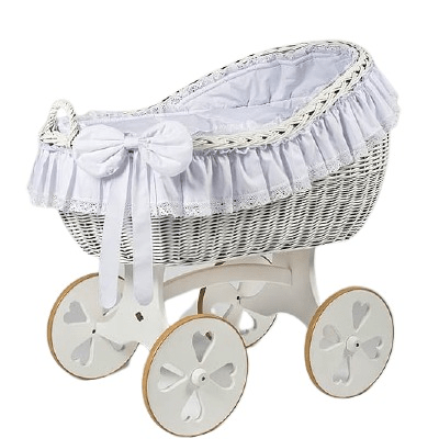 MJ Marks Bianca White and White Lace Wicker Crib with Bedding - Heart Wheels Mj Marks