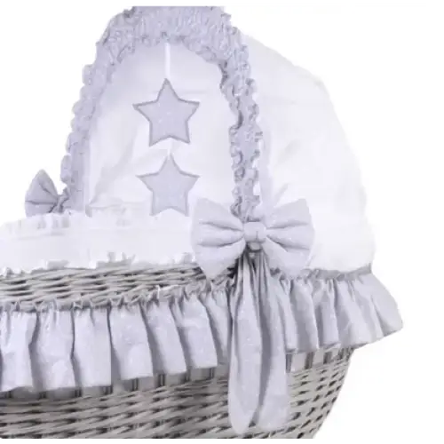 MJ Marks Cloud & Stars Grey Heart Wicker Crib with Bedding