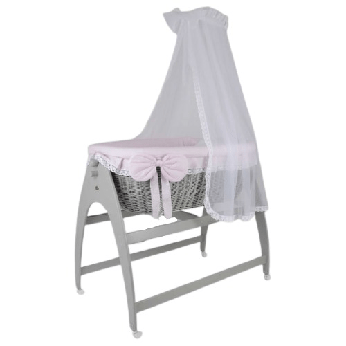 MJ Marks Miranda Grey Wicker Swinging Crib with Pink Bedding & Drapes Mj Marks