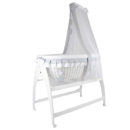 MJ Marks Miranda White Wicker Swinging Crib with Grey Star Bedding & Drapes Mj Marks
