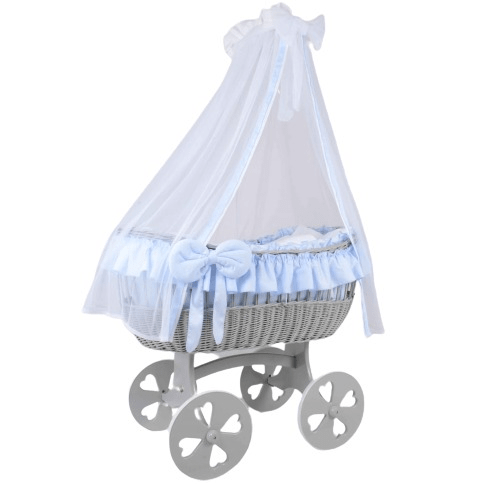 MJ Marks Ophelia Grey and Blue Wicker Crib with Drapes - Heart Wheels Mj Marks