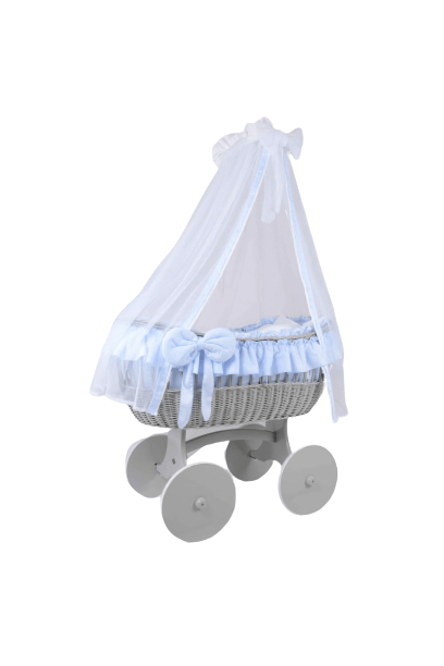 MJ Marks Ophelia Grey and Blue Wicker Crib with Drapes Mj Marks