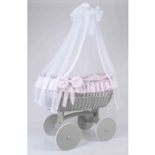 MJ Marks Ophelia Grey and Pink Wicker Crib with Drapes Mj Marks