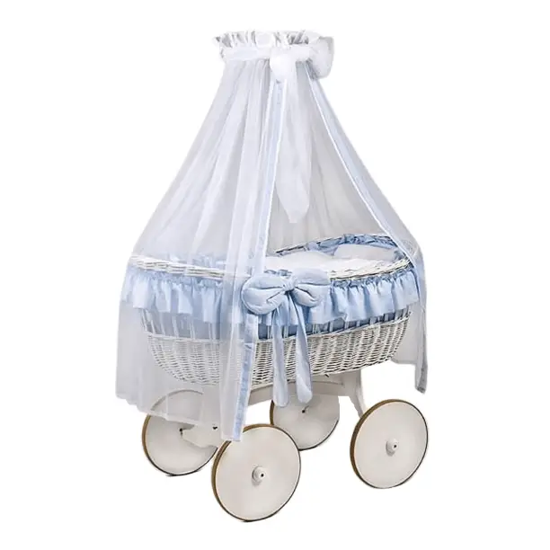MJ Marks Ophelia White and Blue Wicker Crib with Drapes Mj Marks