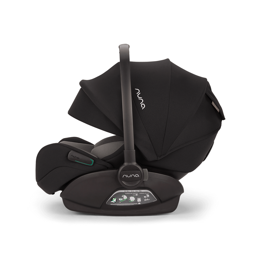 Black Nuna ARRA Flex car seat with flat recline i-size design and subtle green accents for babies 0 to 13 kg