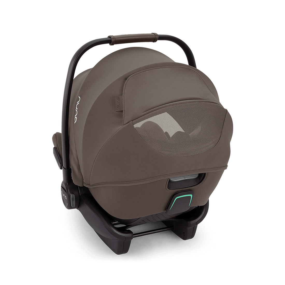 Brown Nuna ARRA Flex car seat with mesh window and black base designed for flat recline and i-Size safety 0–13kg