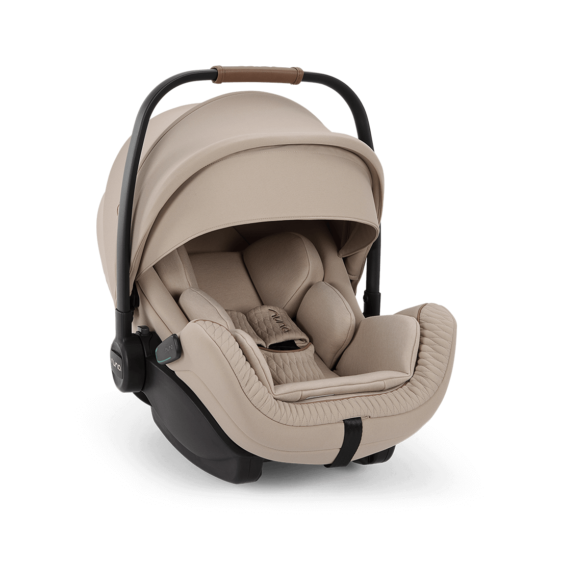 Beige nuna arra flex baby car seat with quilted fabric interior and black metal frame for flat recline i-size use