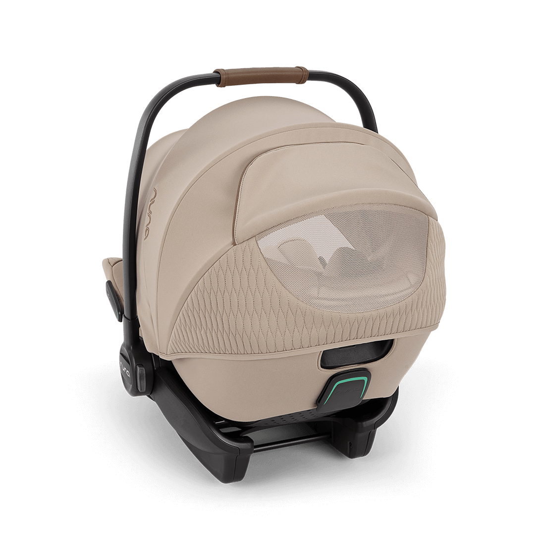 Beige nuna arra flex car seat with textured fabric cover black frame and handle grip for 0-13kg infants