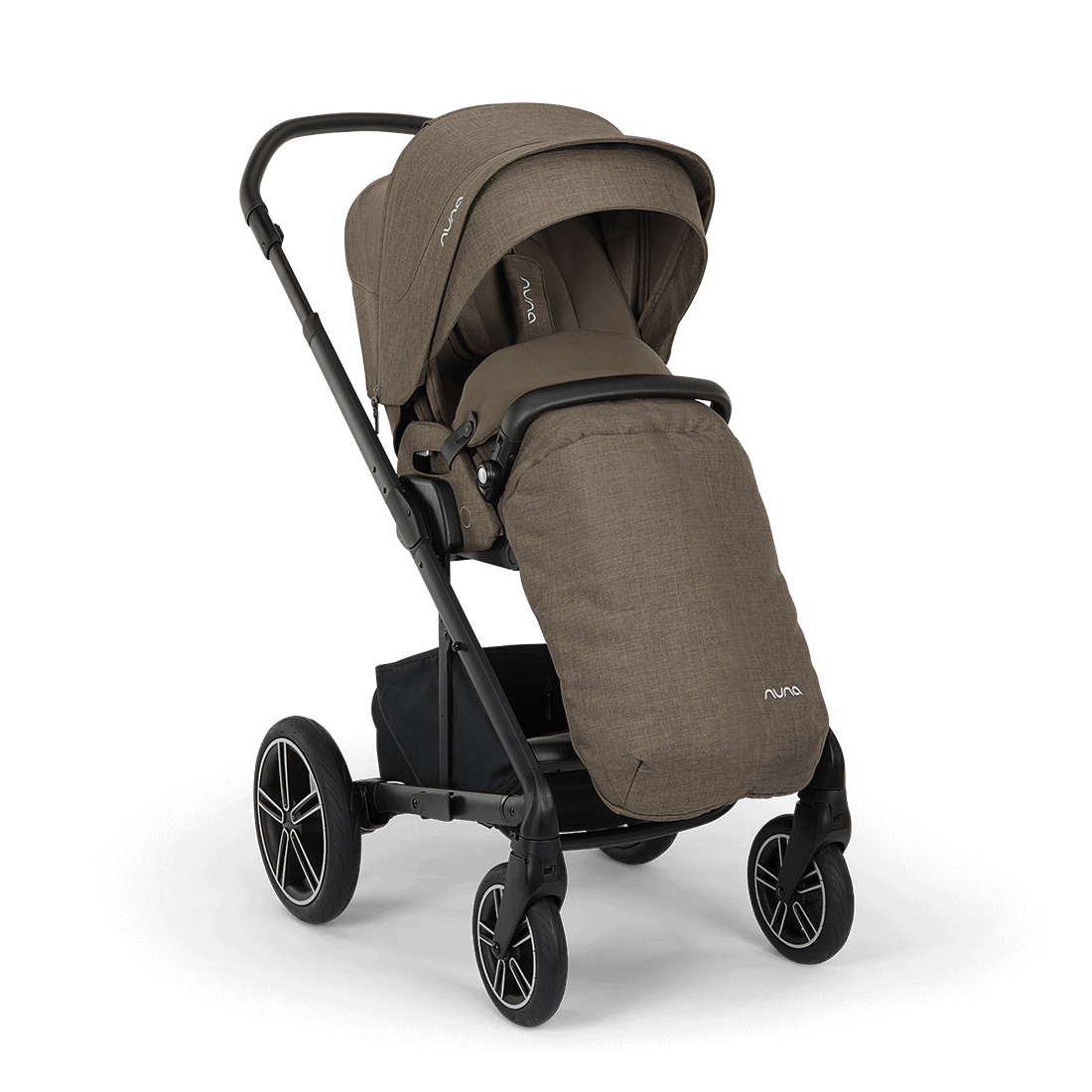 Brown fabric-covered nuna mixx next stroller with black metal frame and wheels showing sleek design and brand logo
