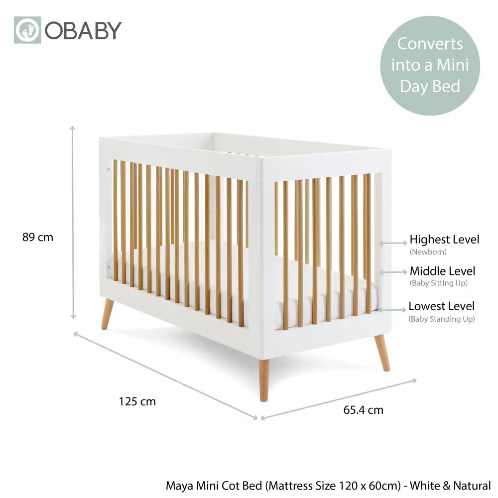 Obaby Maya Mini Cot Bed – White & Natural Wood Obaby