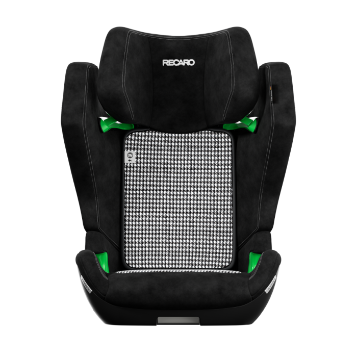 Recaro AXION 1 Pepita, front view showing houndstooth backrest and seat panels with green belt guides.