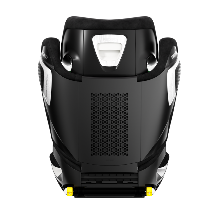 Recaro AXION 1 Pepita, rear view showing the black shell, central ventilation panel and yellow connectors.