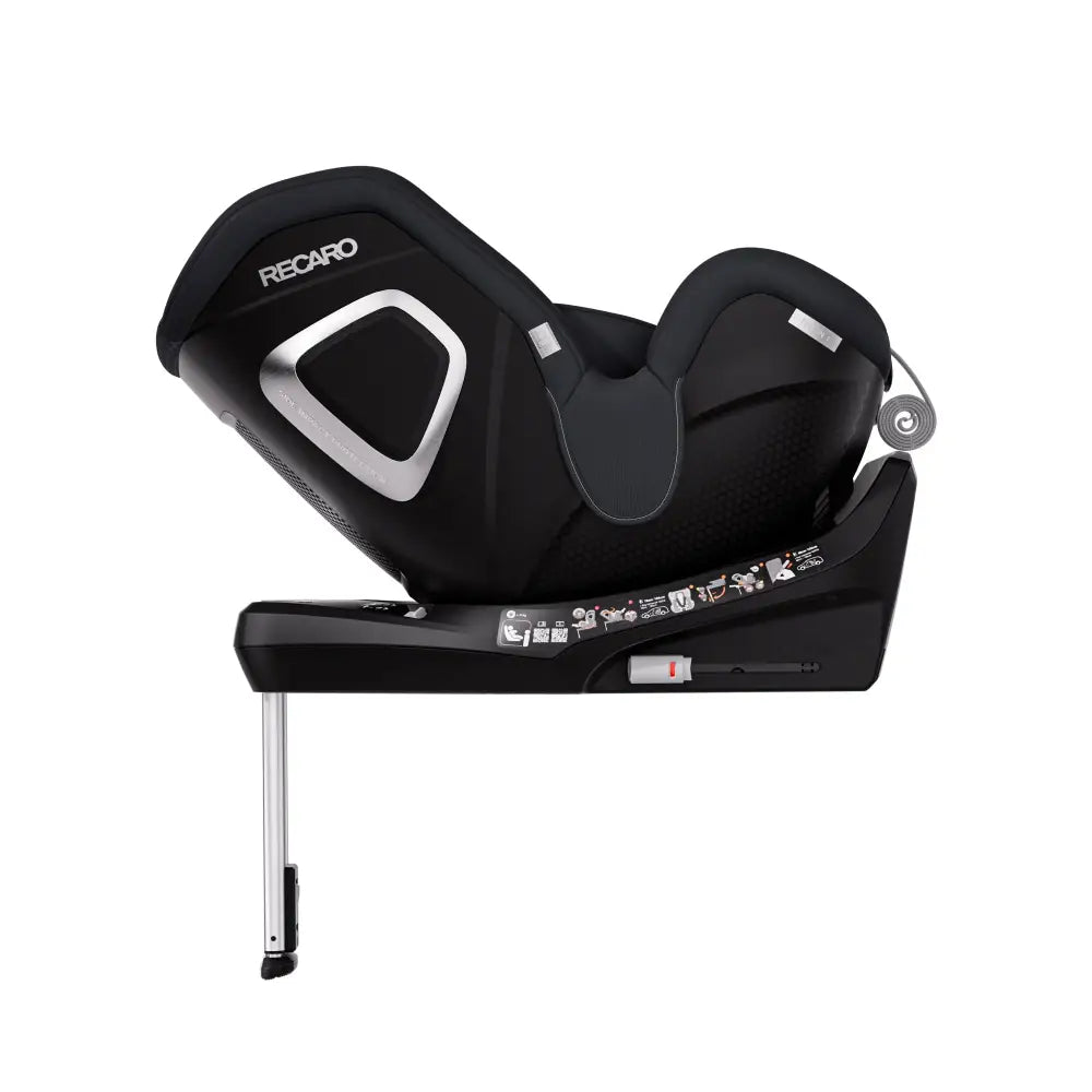 Fresh Black TORON seat, reclined rear-facing side view with silver support leg extended.