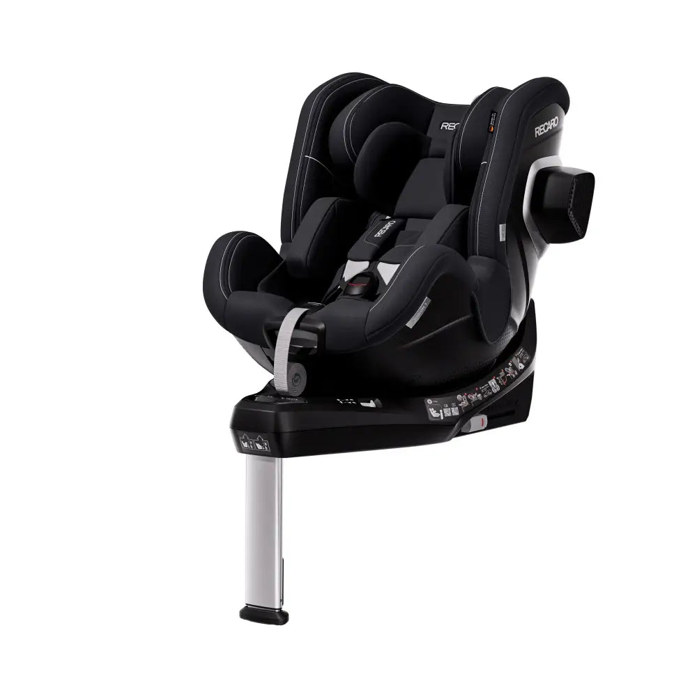 Fresh Black TORON 1, angled front view with padded insert, harness, black side attachment and support leg.