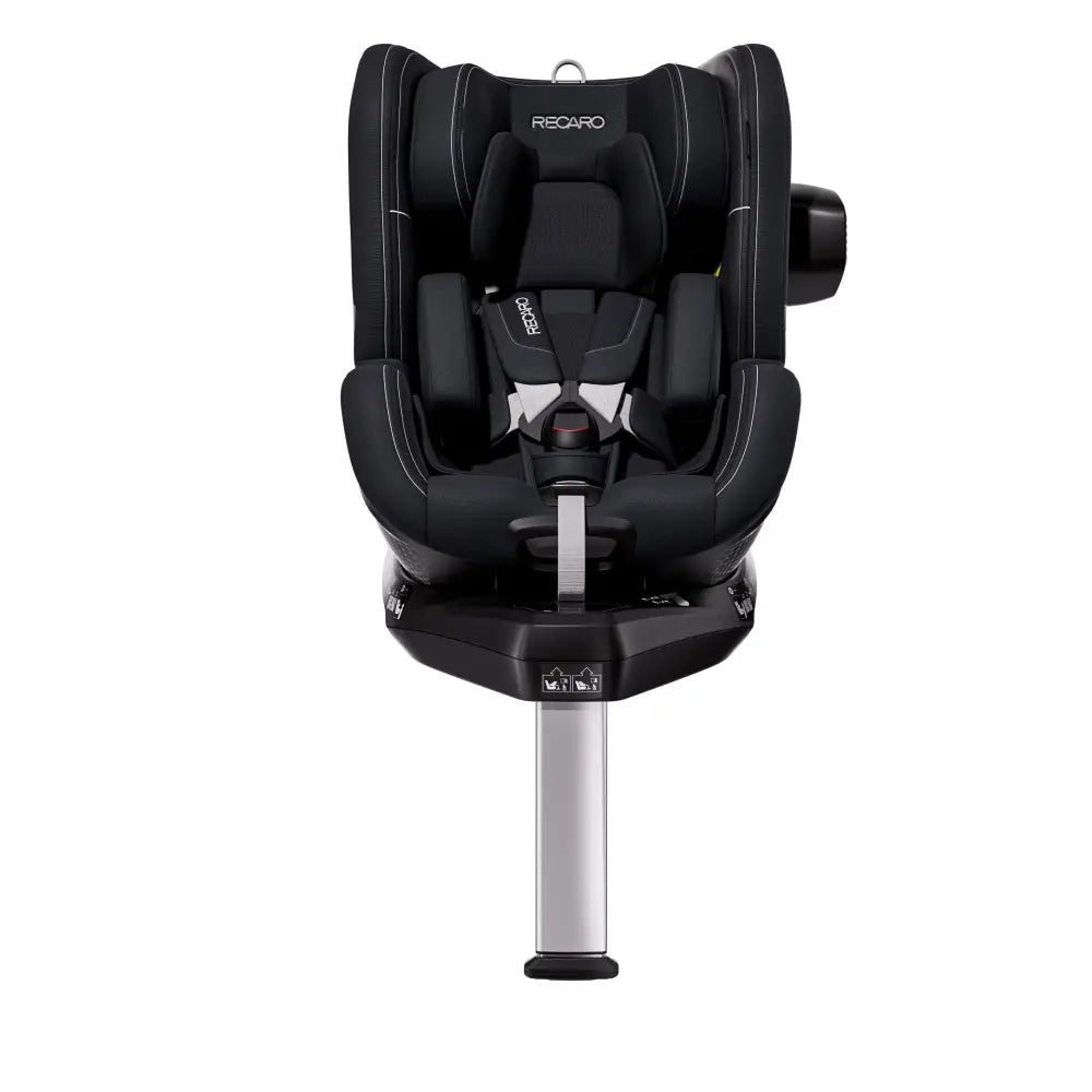 Fresh Black TORON 1, front view with padded insert, harness, black side attachment and extended support leg.