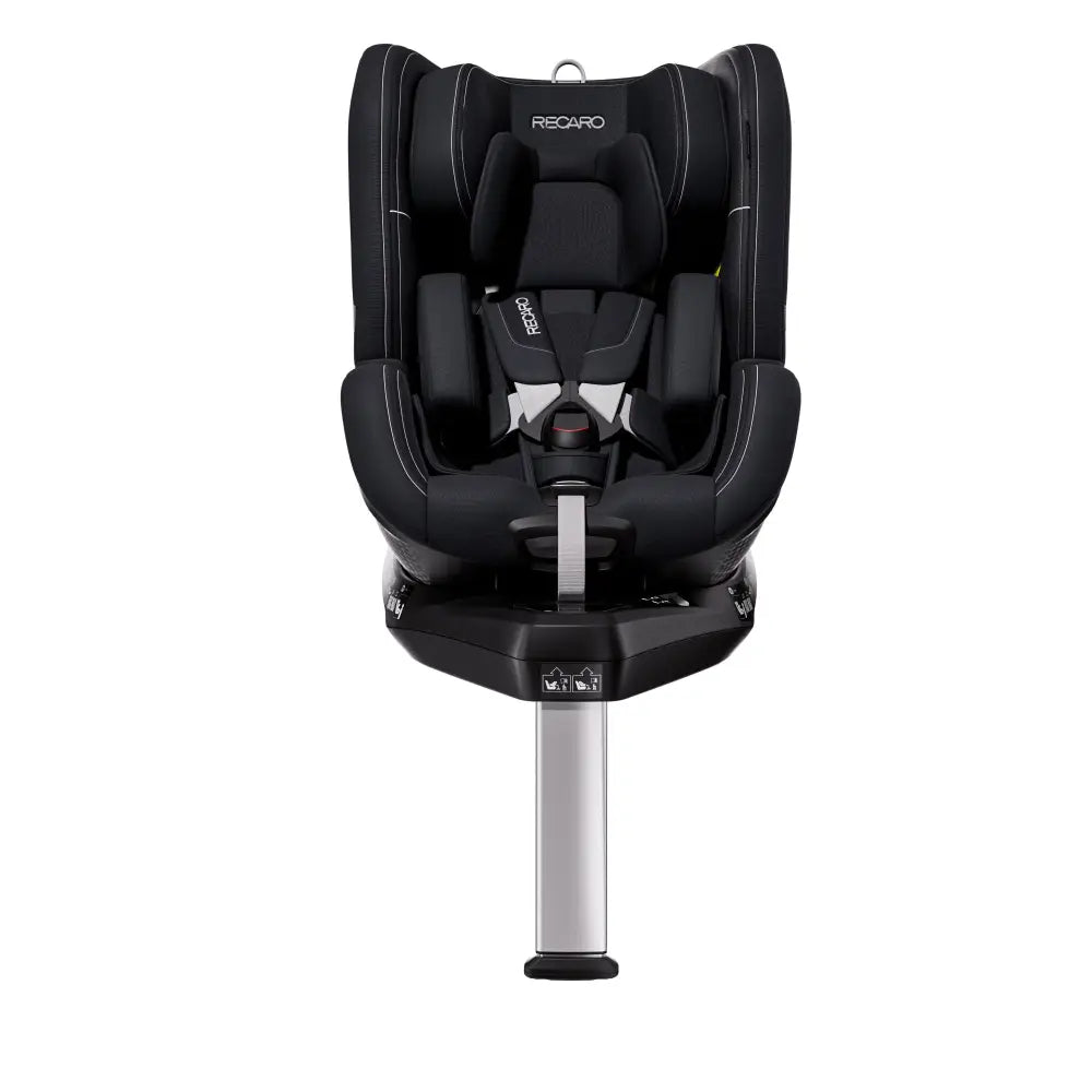 Recaro TORON 1 in Fresh Black, front view with padded insert, harness and extended silver support leg.