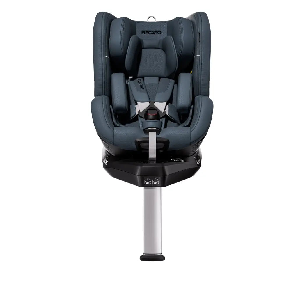 Recaro TORON 1 in Gallant Grey, front view with padded insert, harness and extended silver support leg.