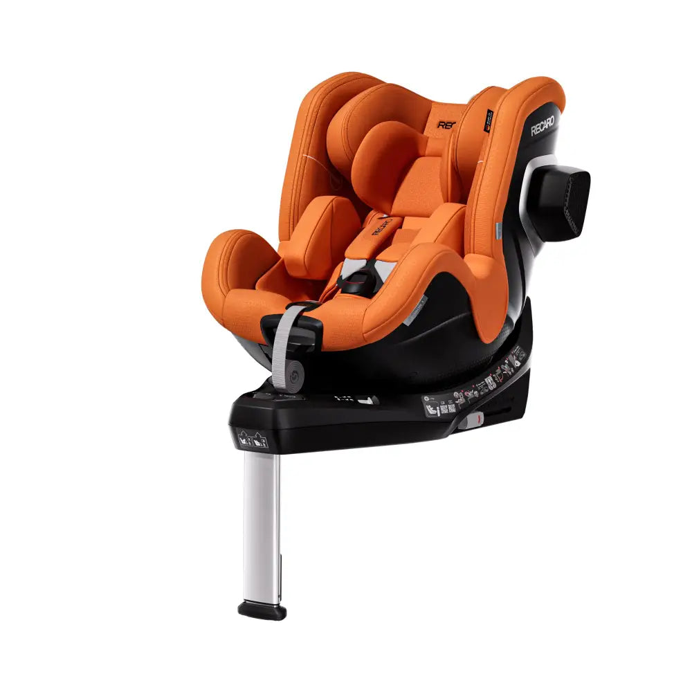 Vibrant Orange TORON 1, angled front view with padded insert, harness, black side attachment and support leg.