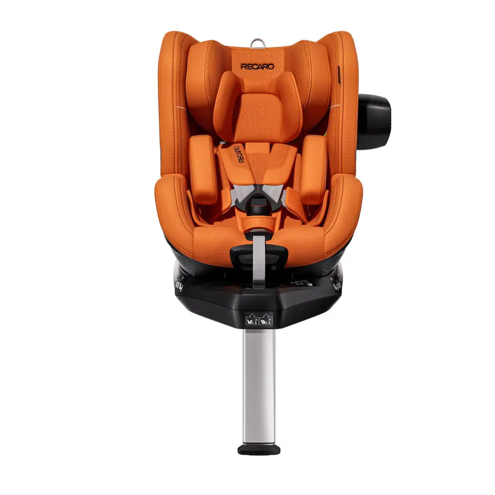 Vibrant Orange TORON 1, front view with padded insert, harness, black side attachment and extended support leg.