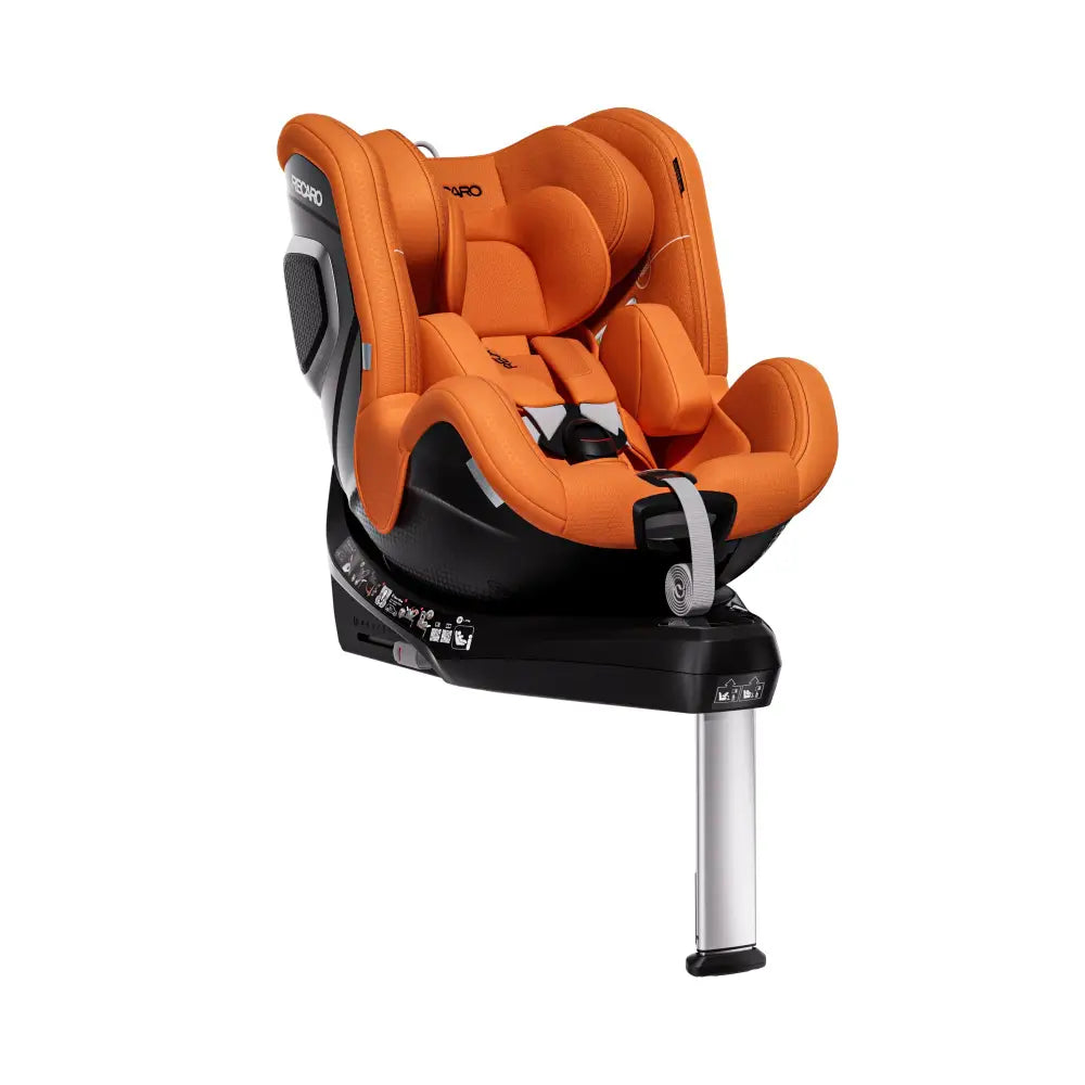Vibrant Orange TORON 1, opposite angled view with padded insert, harness, silver-trimmed shell and support leg.