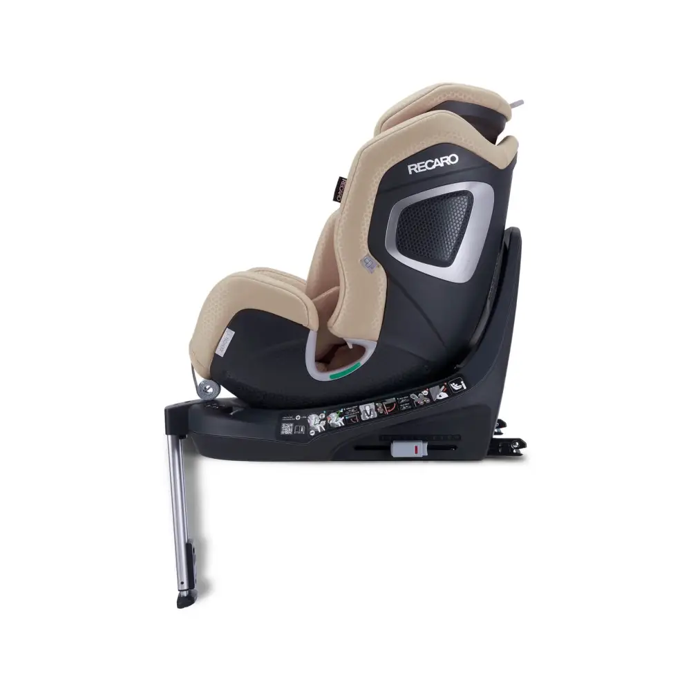 Elegant Beige XENON 1, upright side view showing silver-trimmed shell, black base and extended support leg.