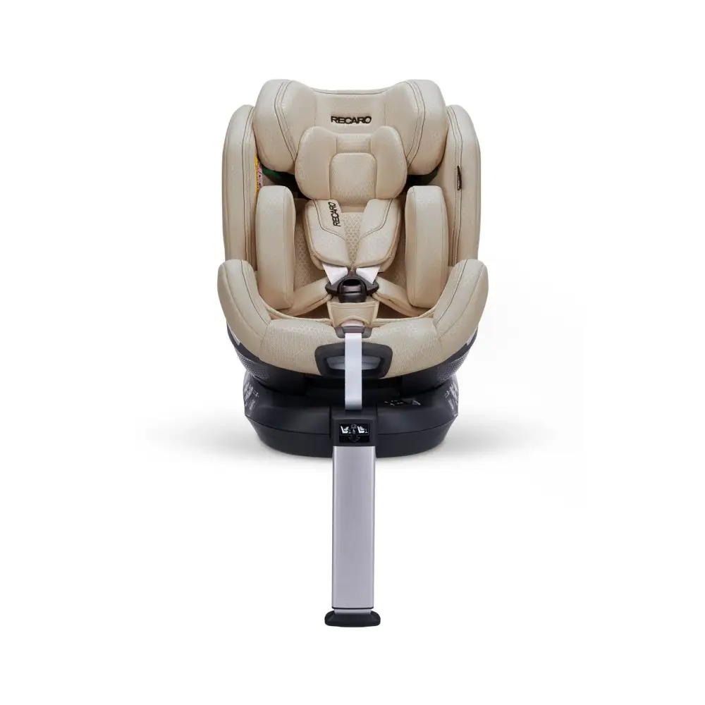 Recaro XENON 1 in Elegant Beige, front view with padded insert, harness and extended silver support leg.