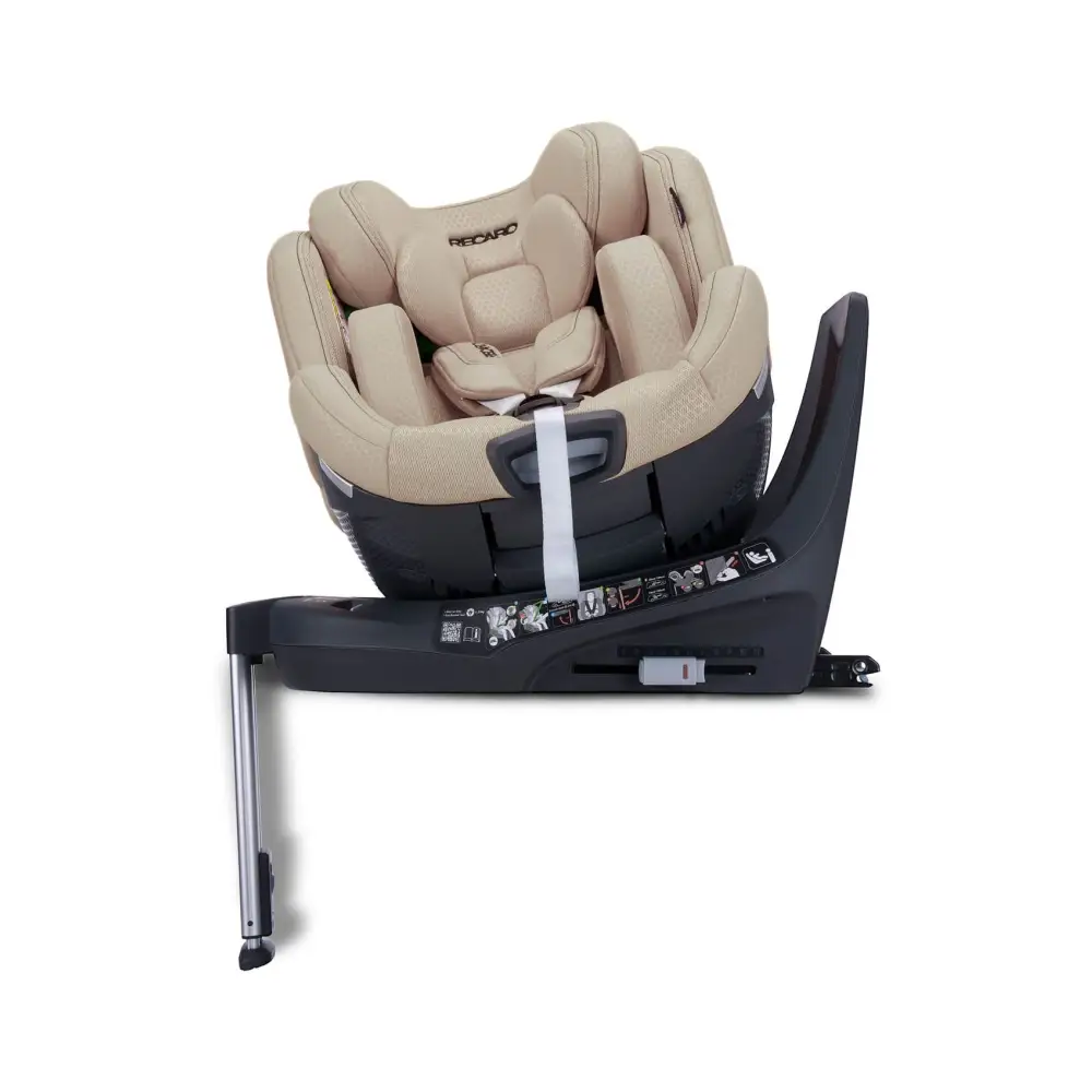Elegant Beige XENON 1, rotated on its black base with padded insert, harness and extended silver support leg.