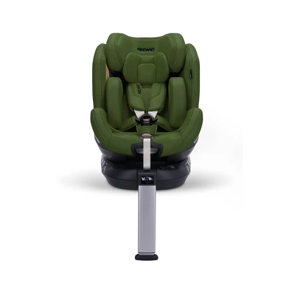 Recaro XENON 1 in Epic Green, front view with padded insert, harness and extended silver support leg.