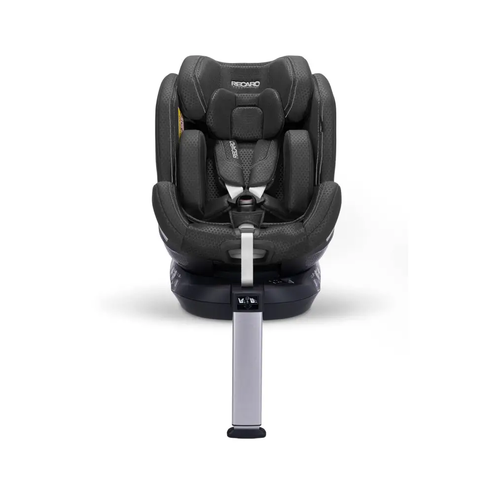 Recaro XENON 1 in Fresh Black, front view with padded insert, harness and extended silver support leg.