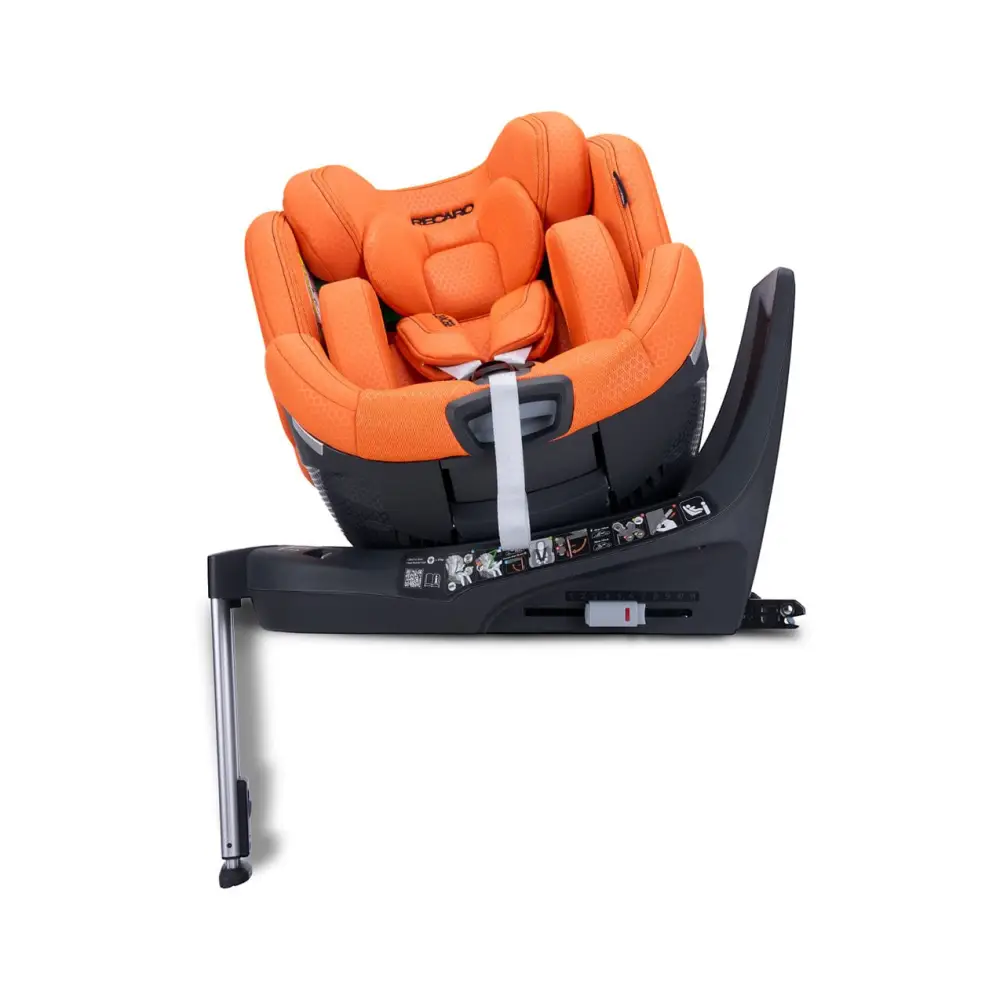 Vibrant Orange XENON 1, rotated on its black base with padded insert, harness and extended silver support leg.