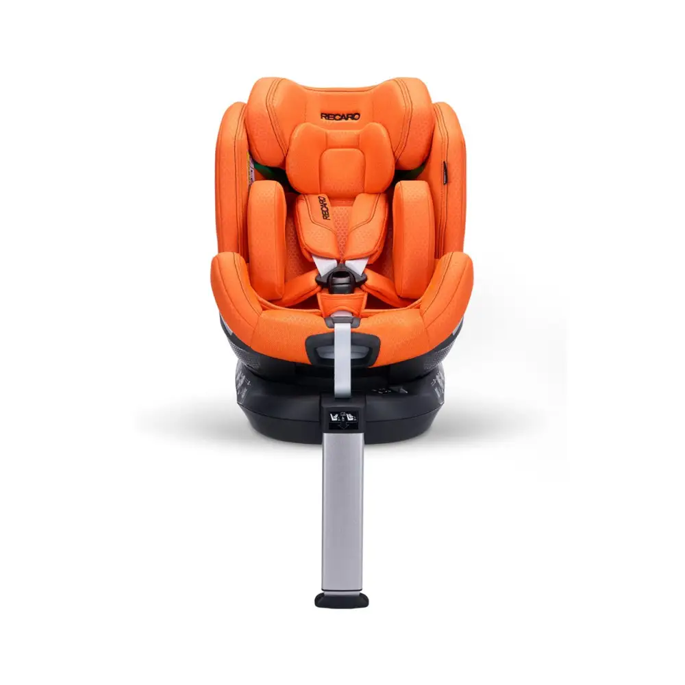 Recaro XENON 1 in Vibrant Orange, front view with padded insert, harness and extended silver support leg.