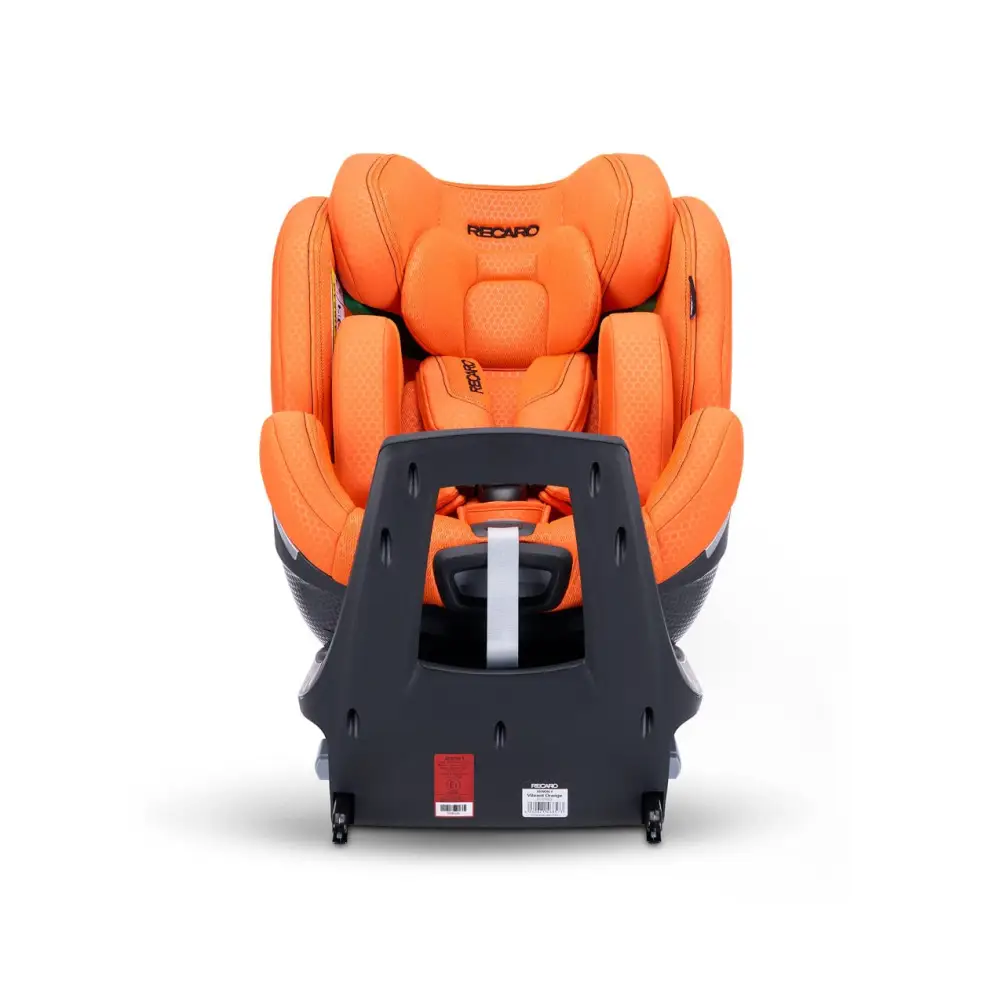 Vibrant Orange XENON 1 with padded insert and harness, viewed across the tall black panel at the end of its base.