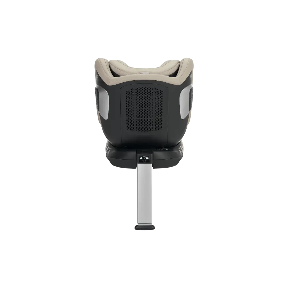 Elegant Beige XENON 1 KID, rear view showing the ventilation panel, silver side trim and extended support leg.