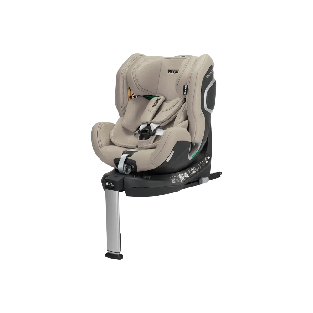Elegant Beige XENON 1 KID, angled front view with padded harness, black base and extended silver support leg.
