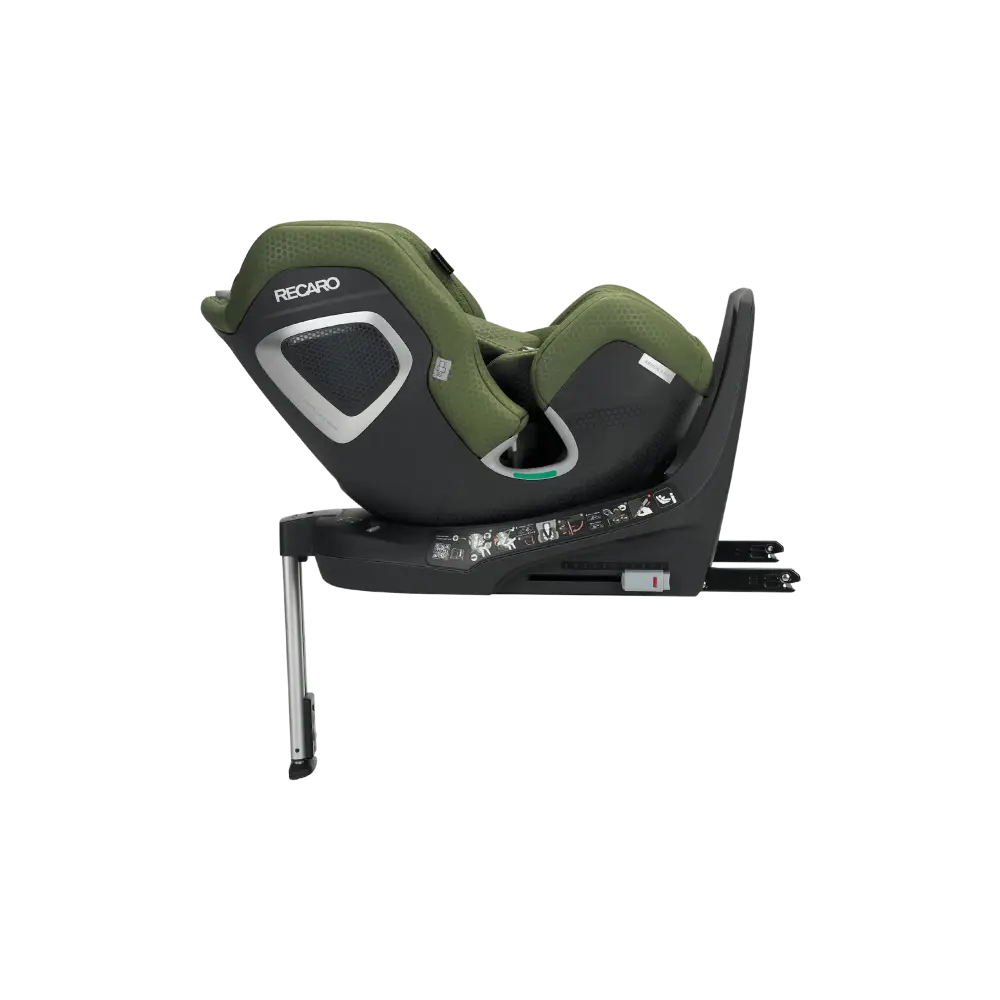 Epic Green XENON 1 KID, reclined side view showing silver-trimmed shell and extended support leg.