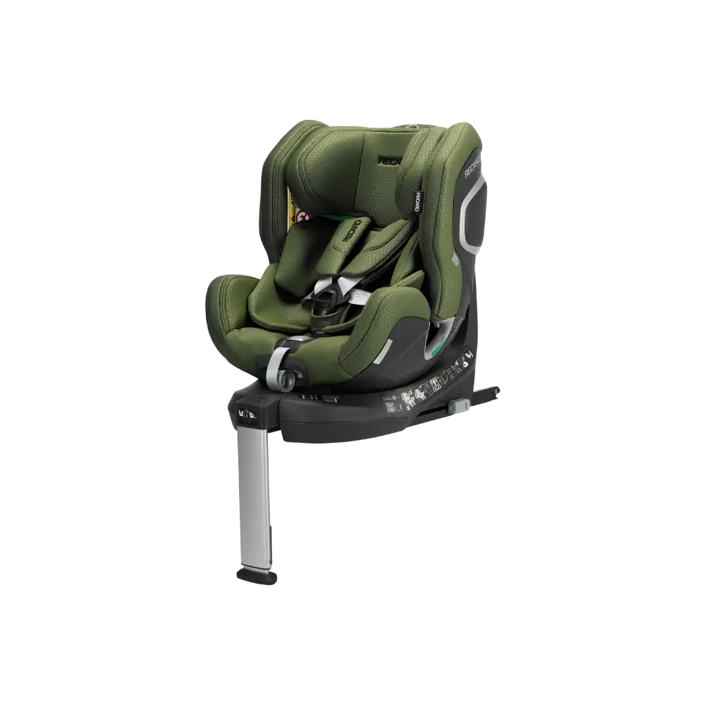 Epic Green XENON 1 KID, angled front view with padded harness, black base and extended silver support leg.