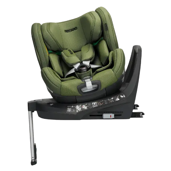 Epic Green XENON 1 KID, rotated on its black base with padded harness and extended silver support leg.